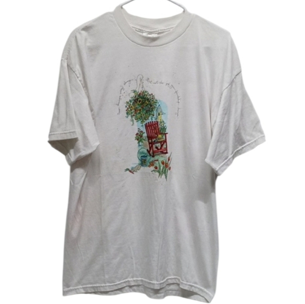 Tultex Vintage 90s Floral Print Graphic White Short Sleeve Shirt Size XL